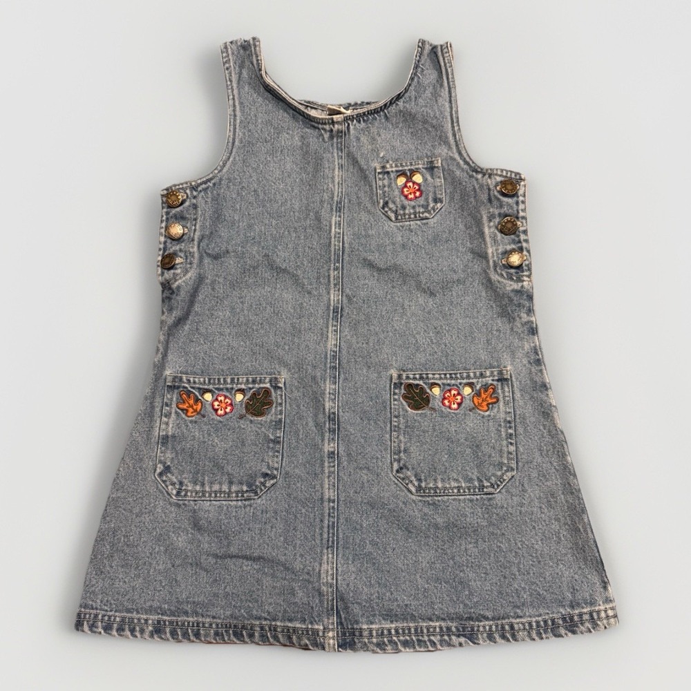 Girls Denim Jumper Dress Size 7 Embroidered‎ Floral Pockets Fall Casual Vintage